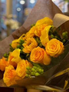 Yellow rose, sunflower, hypericum berries and calla lily sunset bouquet – Jerome Florists NYC