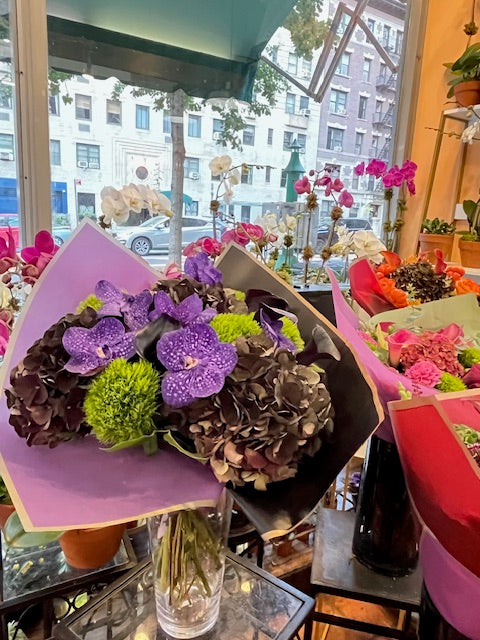
                    
                      Antique hydrangea, dark calla lilies, dianthus  and purple vanda orchid moody bouquet – Jerome Florists NYC
                    
                  