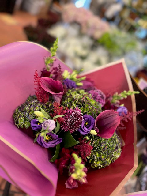 Green hydrangea, pink calla lily, astilbe, scabiosa, snaps  and lisianthus bouquet – Jerome Florists NYC