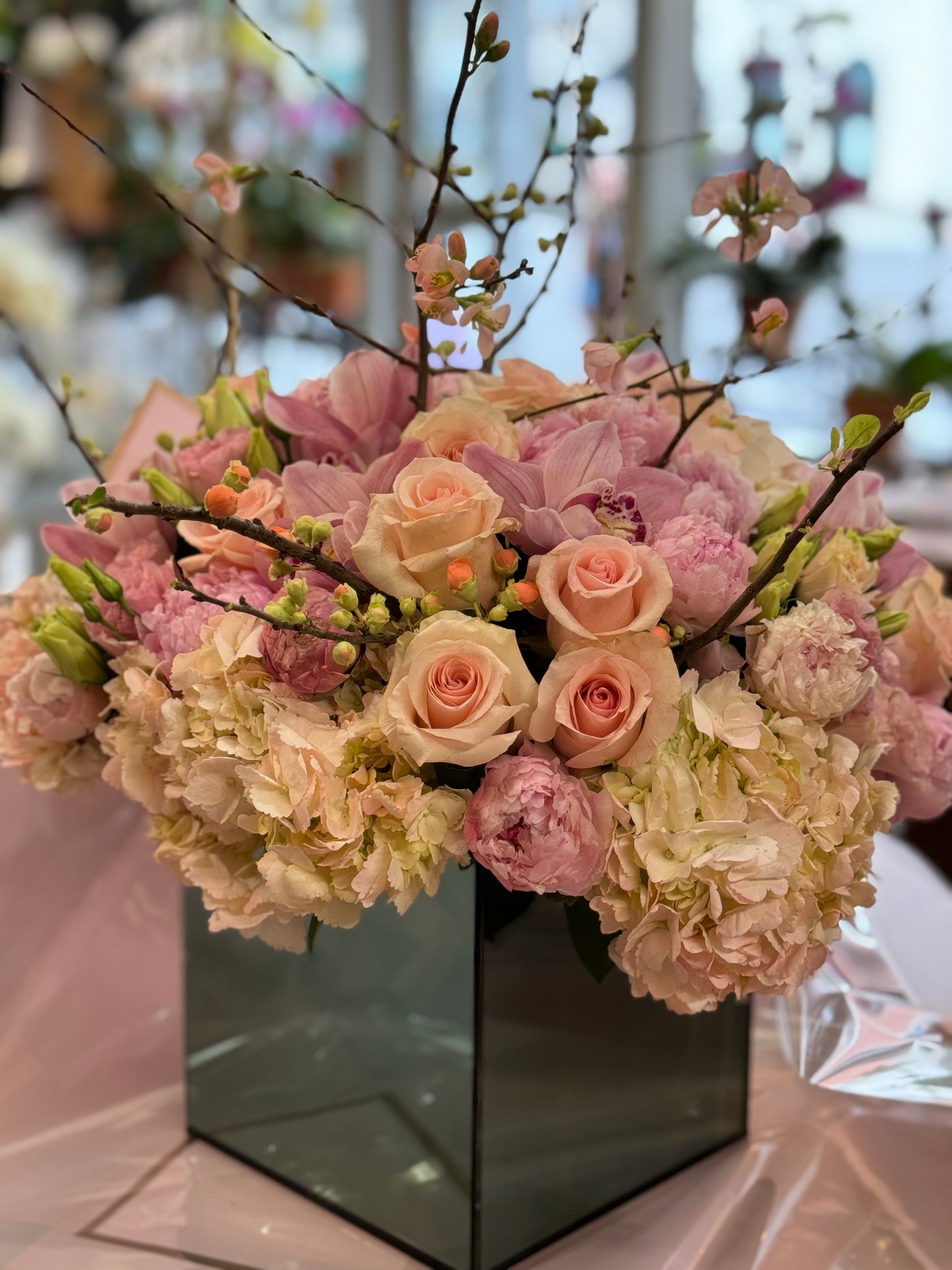 Bold pink hydrangea peony lily and orchid statement arrangement – Jerome Florists NYC
