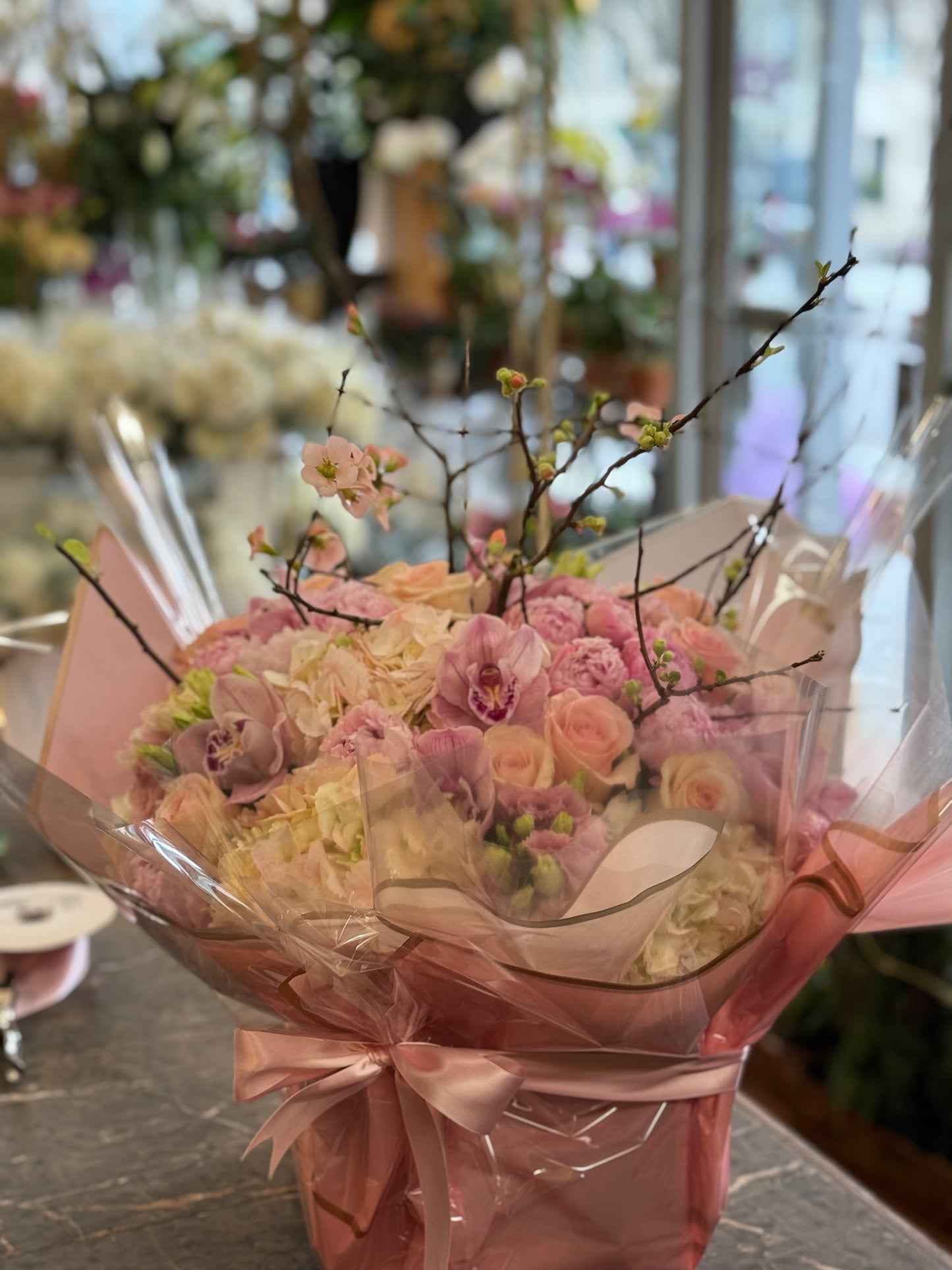 
                    
                      Bold pink hydrangea peony lily and orchid statement arrangement – Jerome Florists NYC
                    
                  