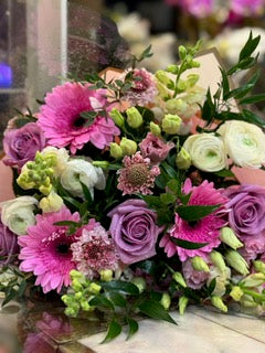 Pink purple rose, Gerber daisies, snaps and ranunculus cheerful bouquet – Jerome Florists NYC
