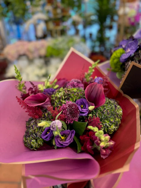 Green hydrangea, pink calla lily, astilbe, scabiosa, snaps  and lisianthus bouquet – Jerome Florists NYC