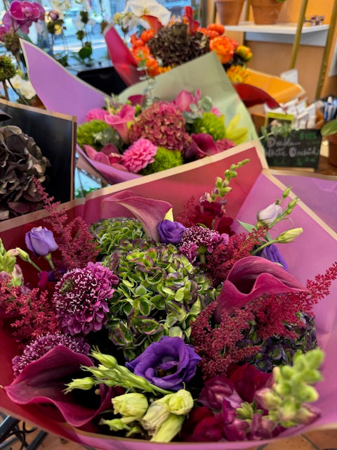 
                    
                      Green hydrangea, pink calla lily, astilbe, scabiosa, snaps  and lisianthus bouquet – Jerome Florists NYC
                    
                  