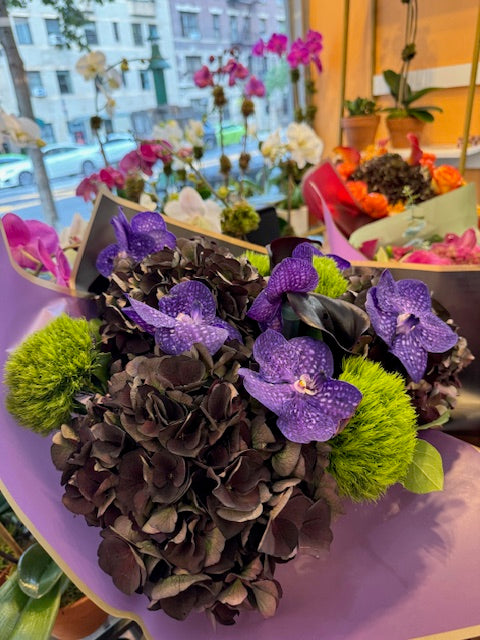 Antique hydrangea, dark calla lilies, dianthus  and purple vanda orchid moody bouquet – Jerome Florists NYC