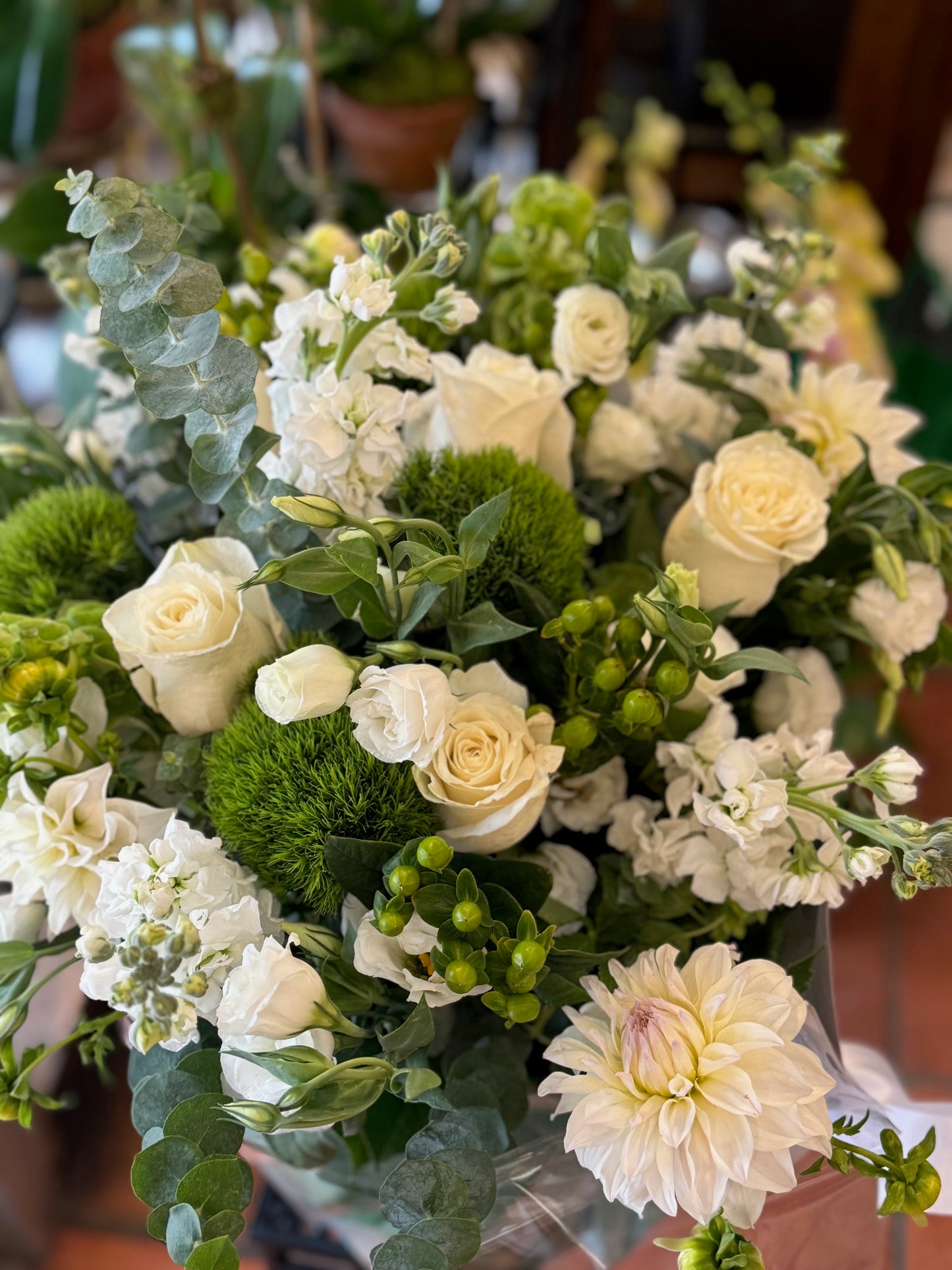 White rose, snaps, dahlias, lisianthus, dianthus, hypericum berries, eucalyptus and dahlia elegant bouquet – Jerome Florists NYC