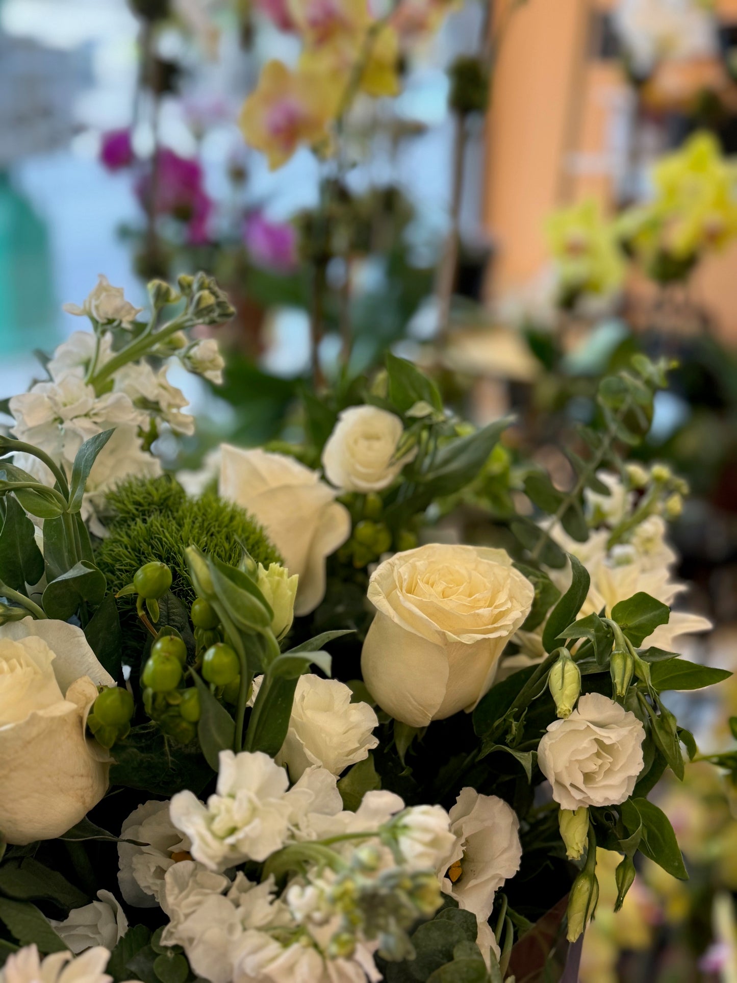 
                    
                      White rose, snaps, dahlias, lisianthus, dianthus, hypericum berries, eucalyptus and dahlia elegant bouquet – Jerome Florists NYC
                    
                  