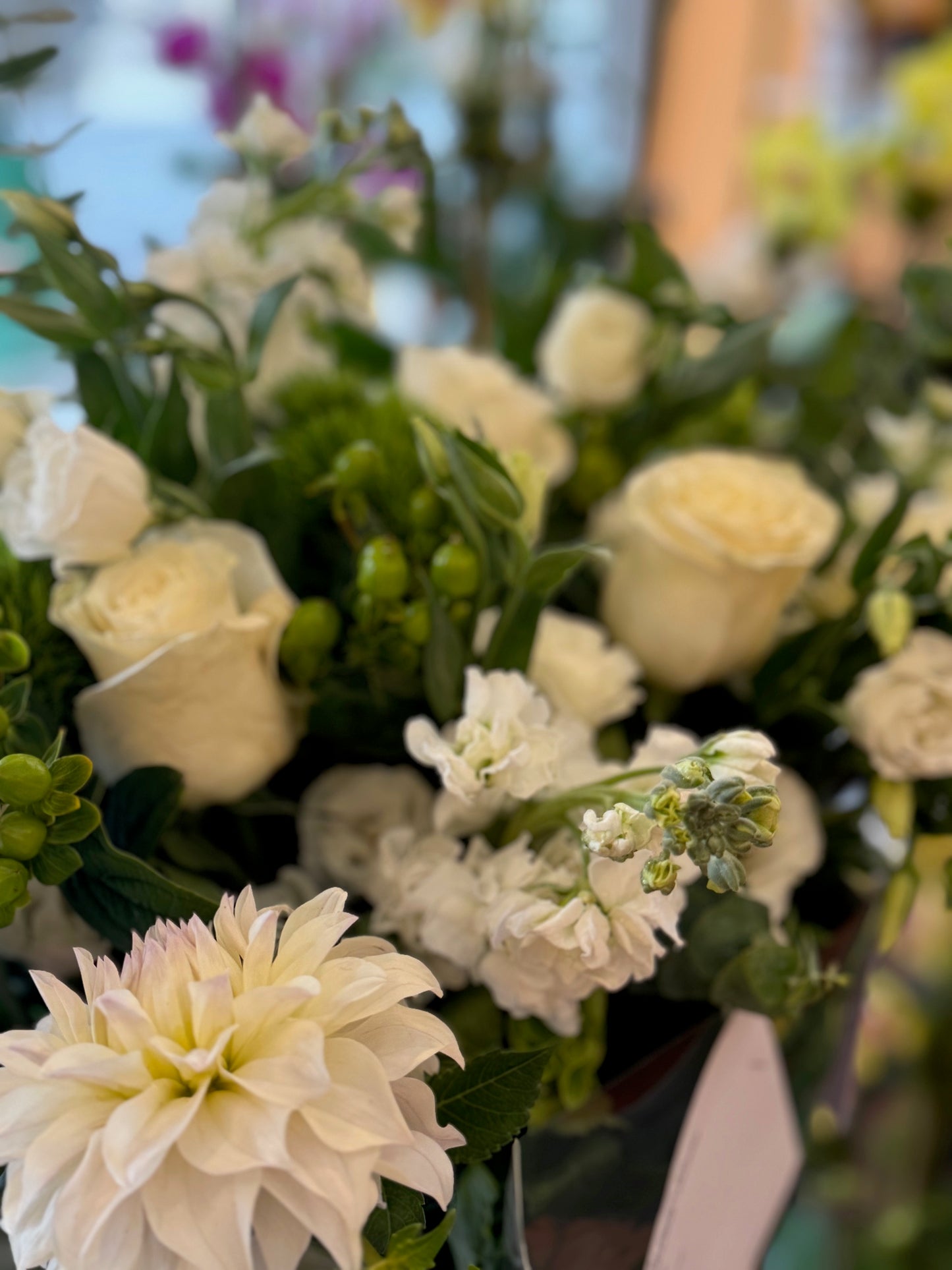 
                    
                      White rose, snaps, dahlias, lisianthus, dianthus, hypericum berries, eucalyptus and dahlia elegant bouquet – Jerome Florists NYC
                    
                  
