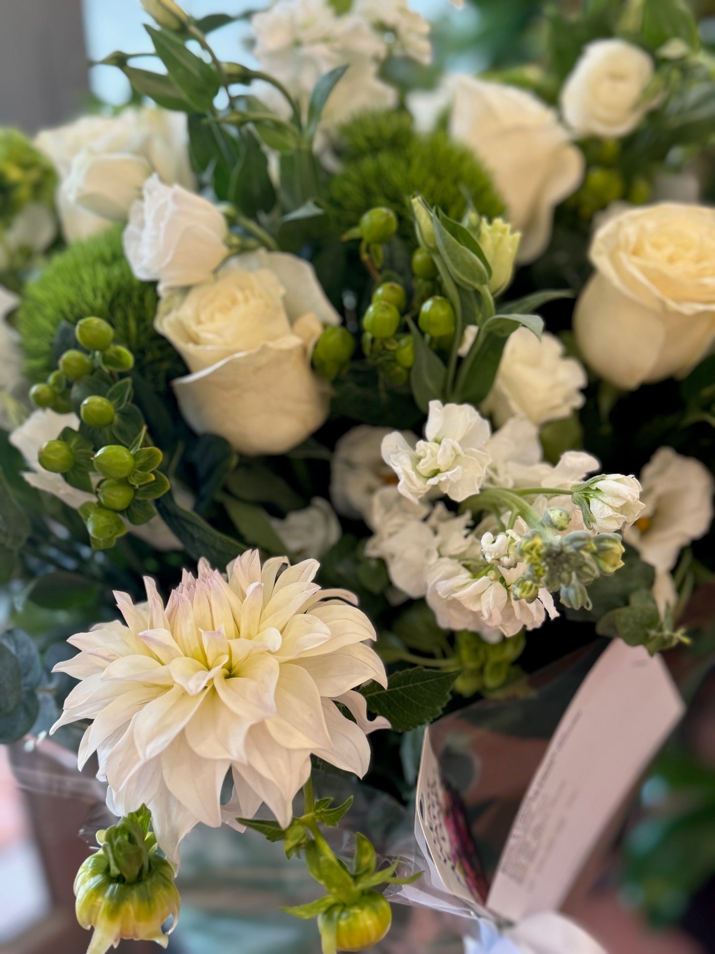
                    
                      White rose, snaps, dahlias, lisianthus, dianthus, hypericum berries, eucalyptus and dahlia elegant bouquet – Jerome Florists NYC
                    
                  