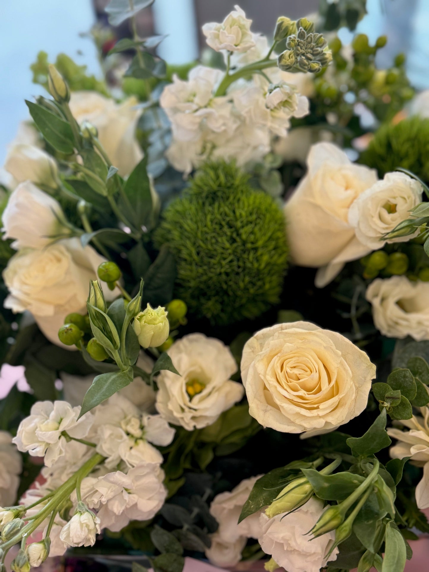 
                    
                      White rose, snaps, dahlias, lisianthus, dianthus, hypericum berries, eucalyptus and dahlia elegant bouquet – Jerome Florists NYC
                    
                  