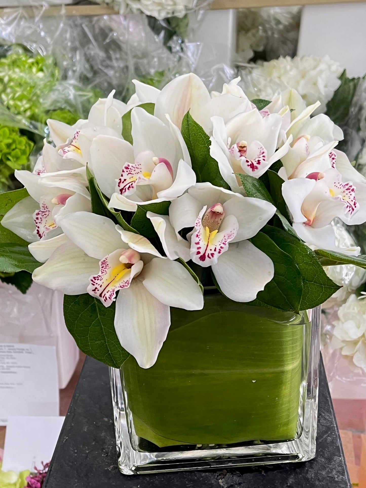 White cymbidium orchid heads in a clear cube with greens - Jerome Florists NYC