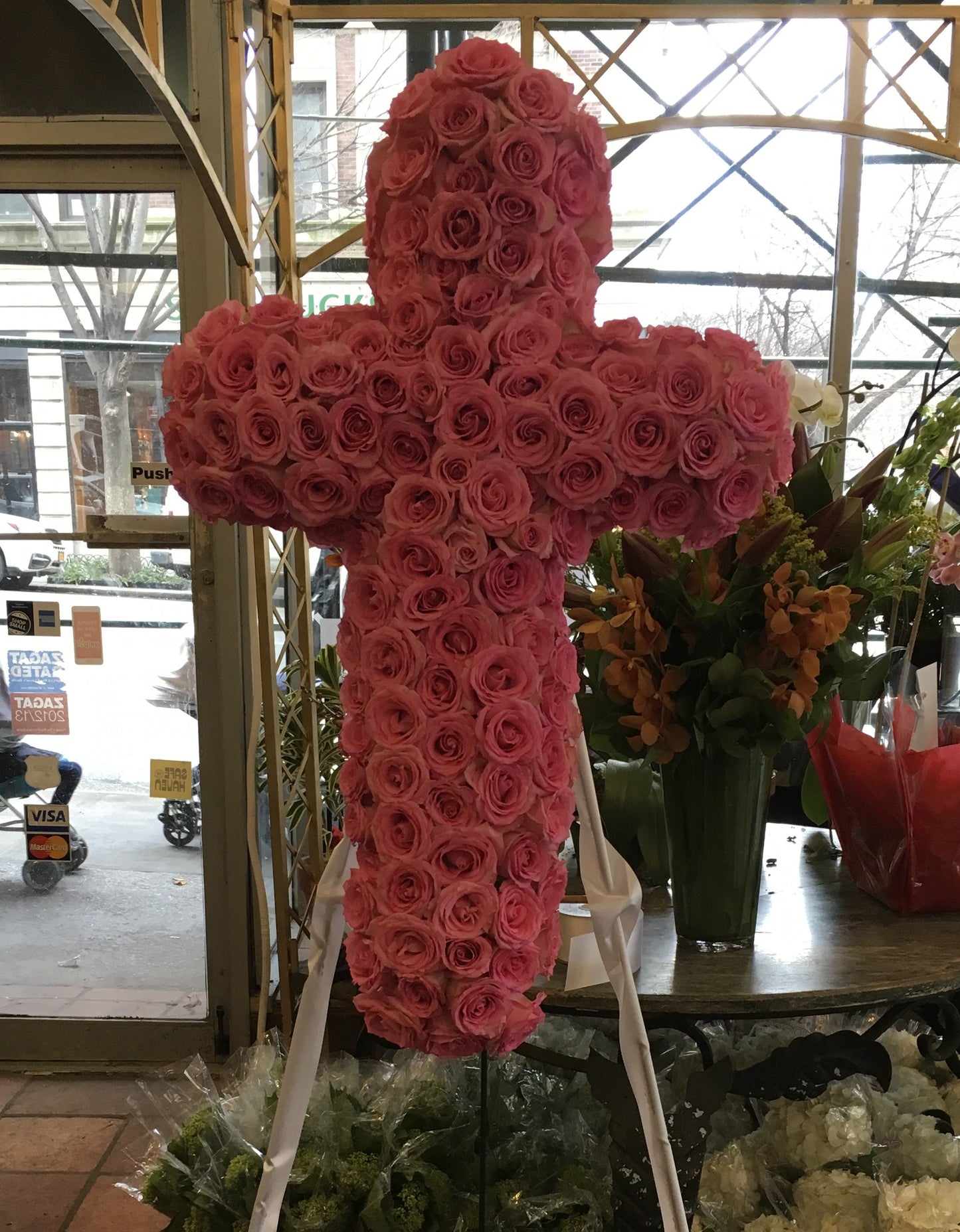 rose standing floral cross funeral arrangement – Jerome Florists NYC