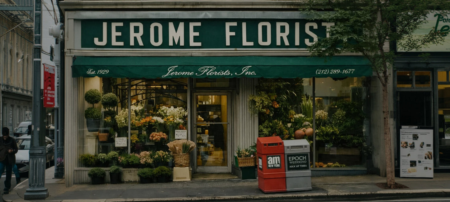 Street view of the Jerome Florists shopfront with sidewalk flower displays on the Upper East Side, New York