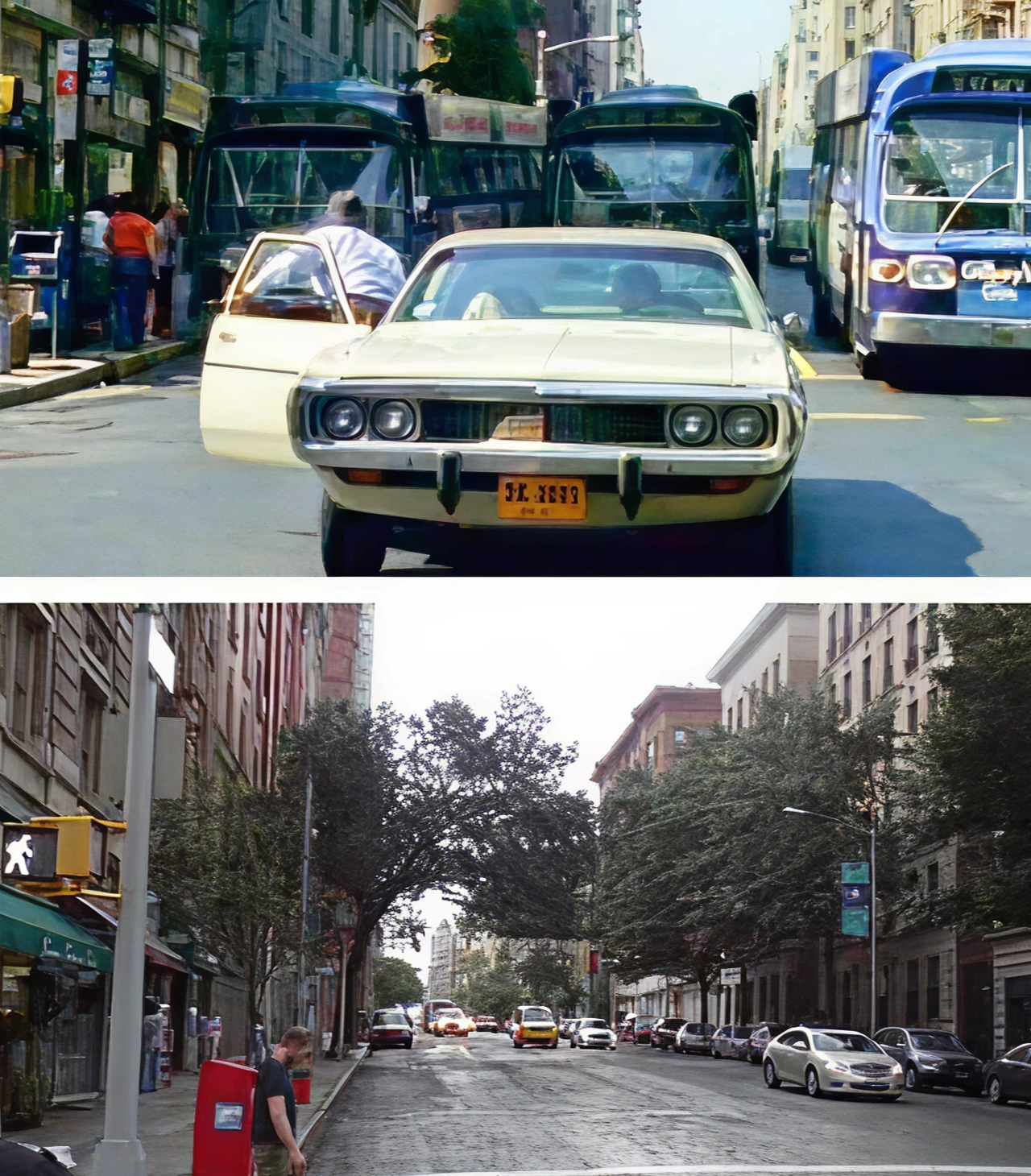 Top: Vintage car on a city street with modern buses. Bottom: Modern city street with cars and pedestrians.