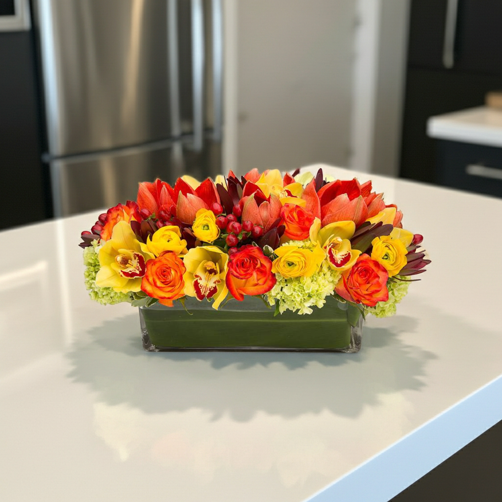 Autumn floral centerpiece with hydrangea, amaryllis, roses, cymbidium orchid heads, proteas and ranunculus – Jerome Florists NYC