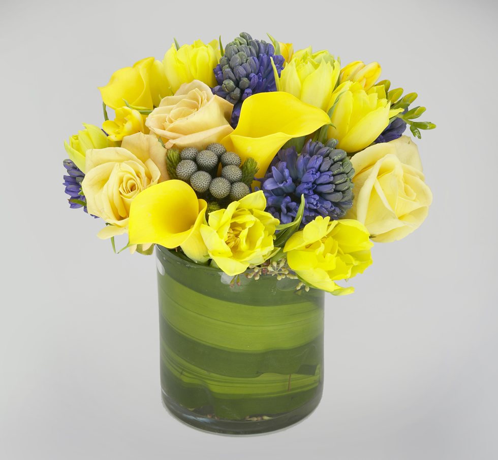 Yellow and blue spring rose arrangement – Jerome Florists NYC