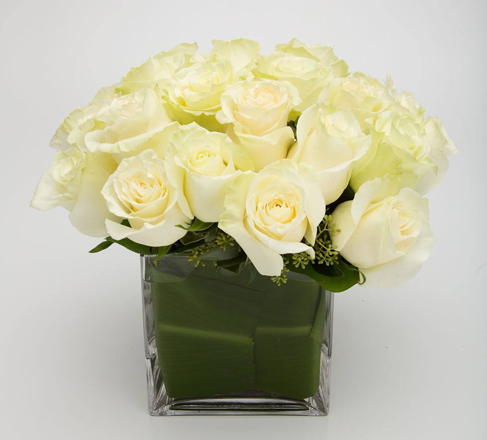 Premium white Mondial rose cube arrangement – Jerome Florists NYC