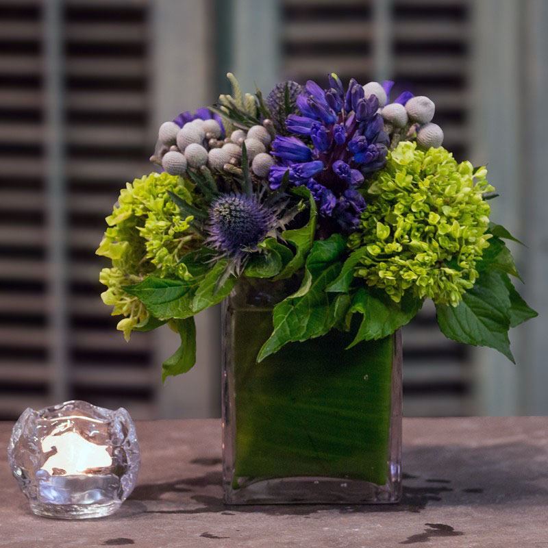 Green hydrangea, blue hyacinth and thistle arrangement – Jerome Florists NYC