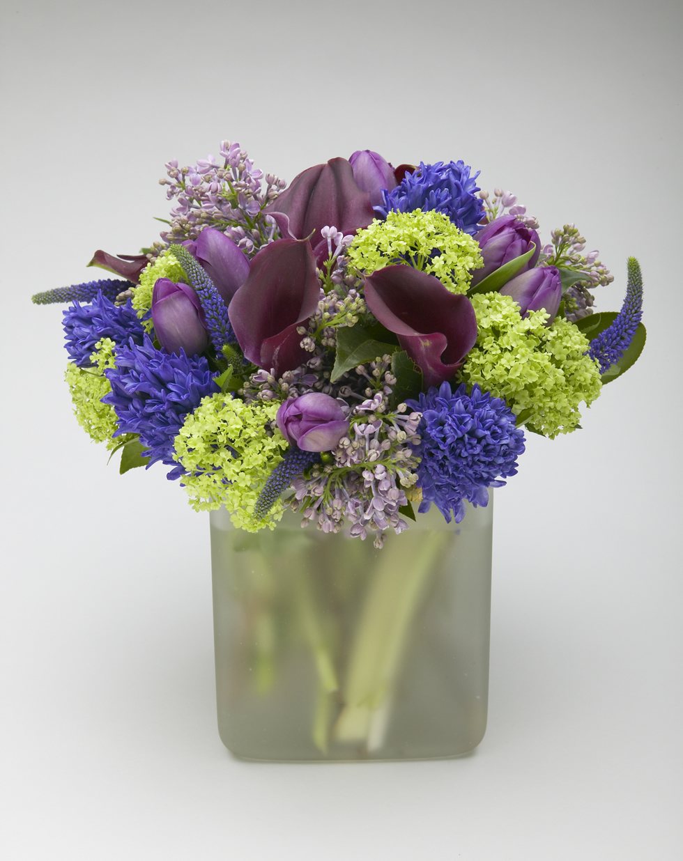 Purple calla lily, tulips, hyacinth, viburnum and veronica  arrangement in glass cube – Jerome Florists NYC