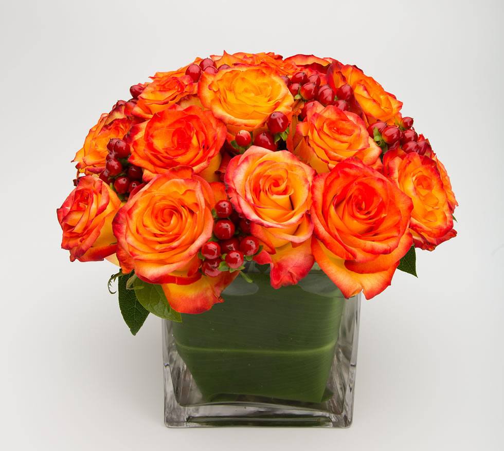 Orange red rose and hypericum berry cube arrangement – Jerome Florists NYC