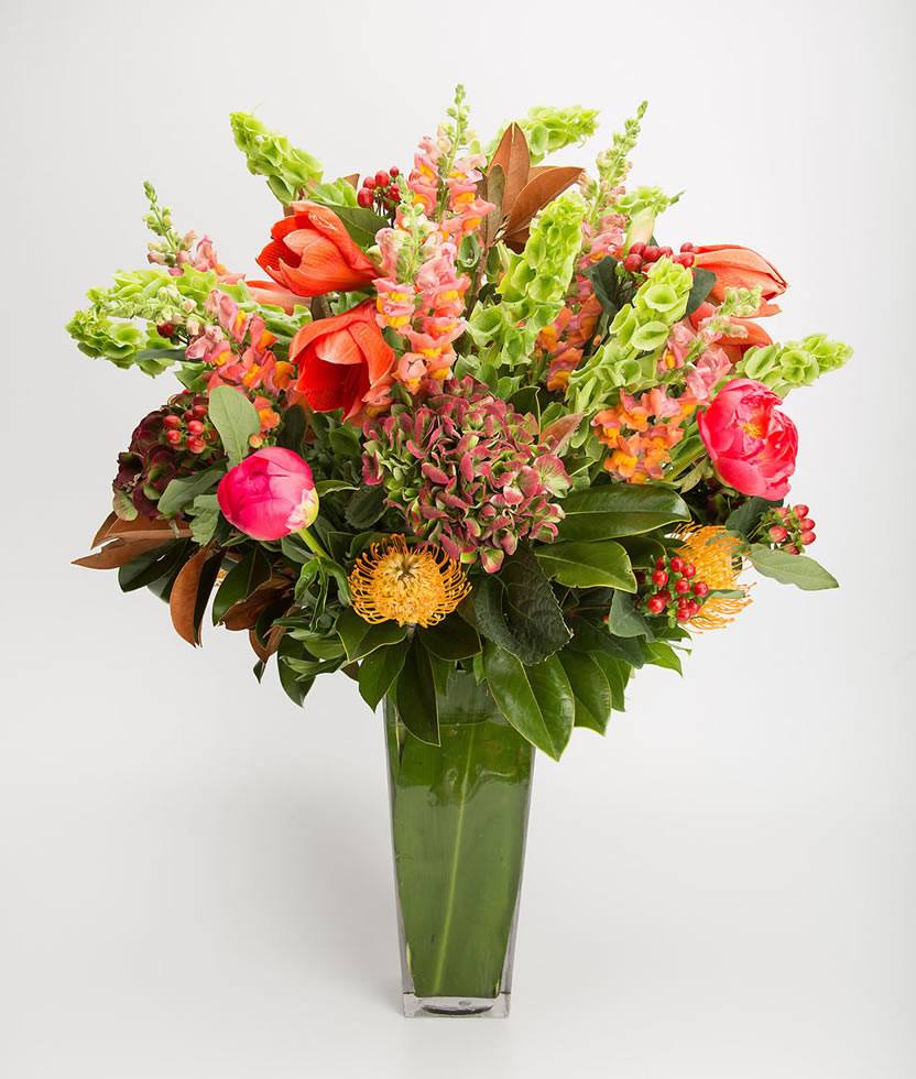 Tall floral arrangement with amaryllis, bells of Ireland, snaps, pincushions, and hydrangea – Jerome Florists NYC