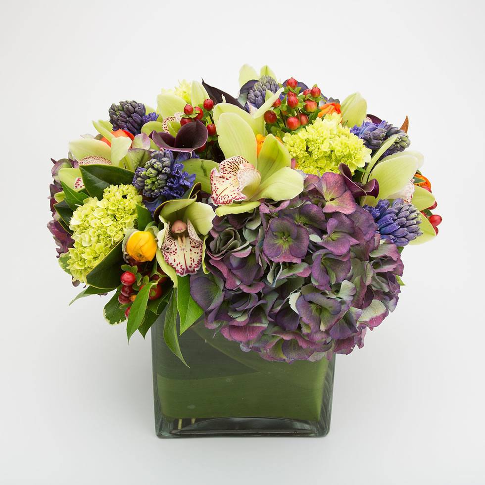 Lush purple hydrangea orchid and ranunculus cube arrangement – Jerome Florists NYC