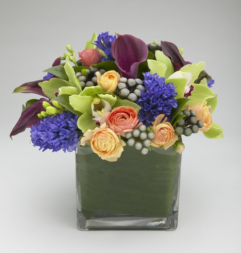 Purple calla lily and ranunculus stylish cube arrangement – Jerome Florists NYC