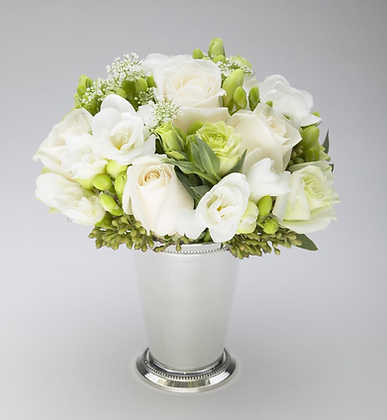 White rose and freesia arrangement in mint julep cup – Jerome Florists NYC