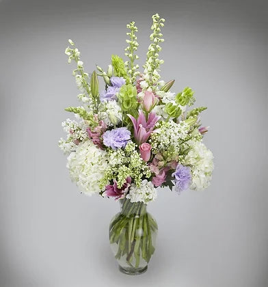 Purple and pastel hydrangea lily and rose tall arrangement – Jerome Florists NYC